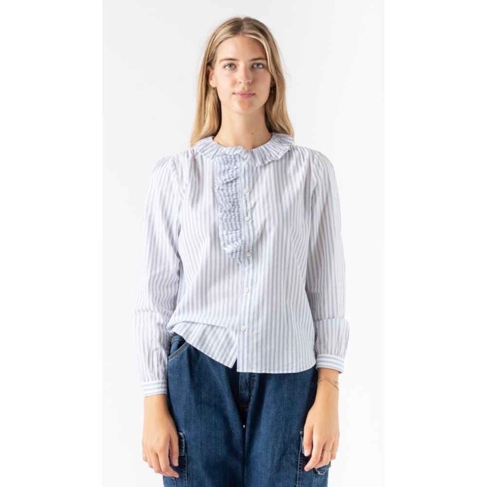Alex Mill Lille Ruffle Shirt Womens Size M Blue Stripes Modern Feminine Office